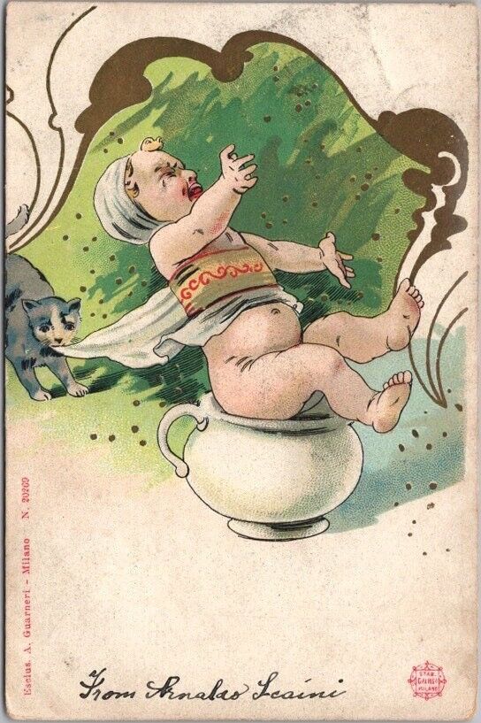 c1900s ITALIAN Bathroom / Potty Humor Comic Postcard Crying Baby on Chamber Pot