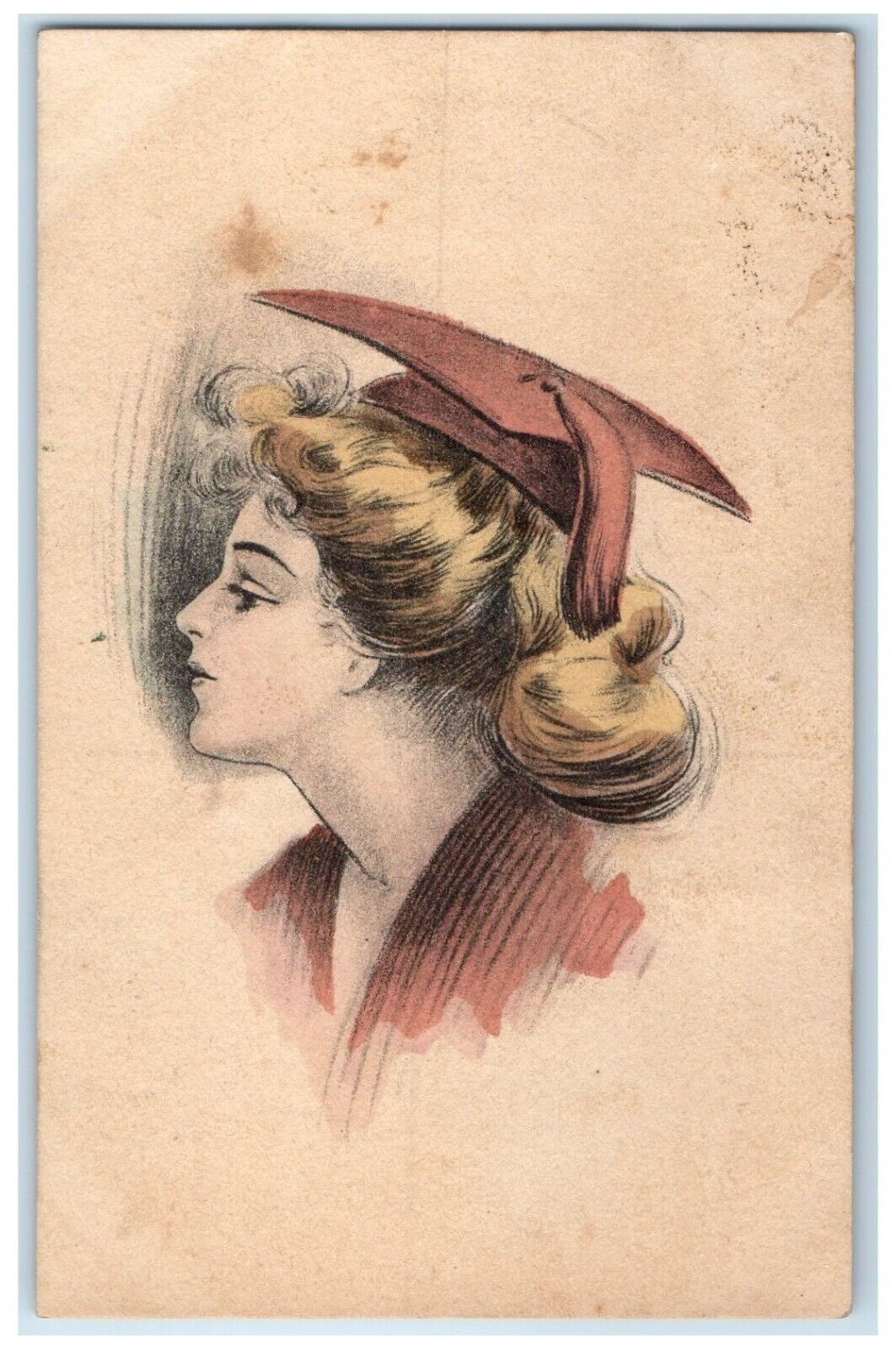 c1910's Pretty Woman Curly Hair Handpainted Graduation Gown Antique Postcard