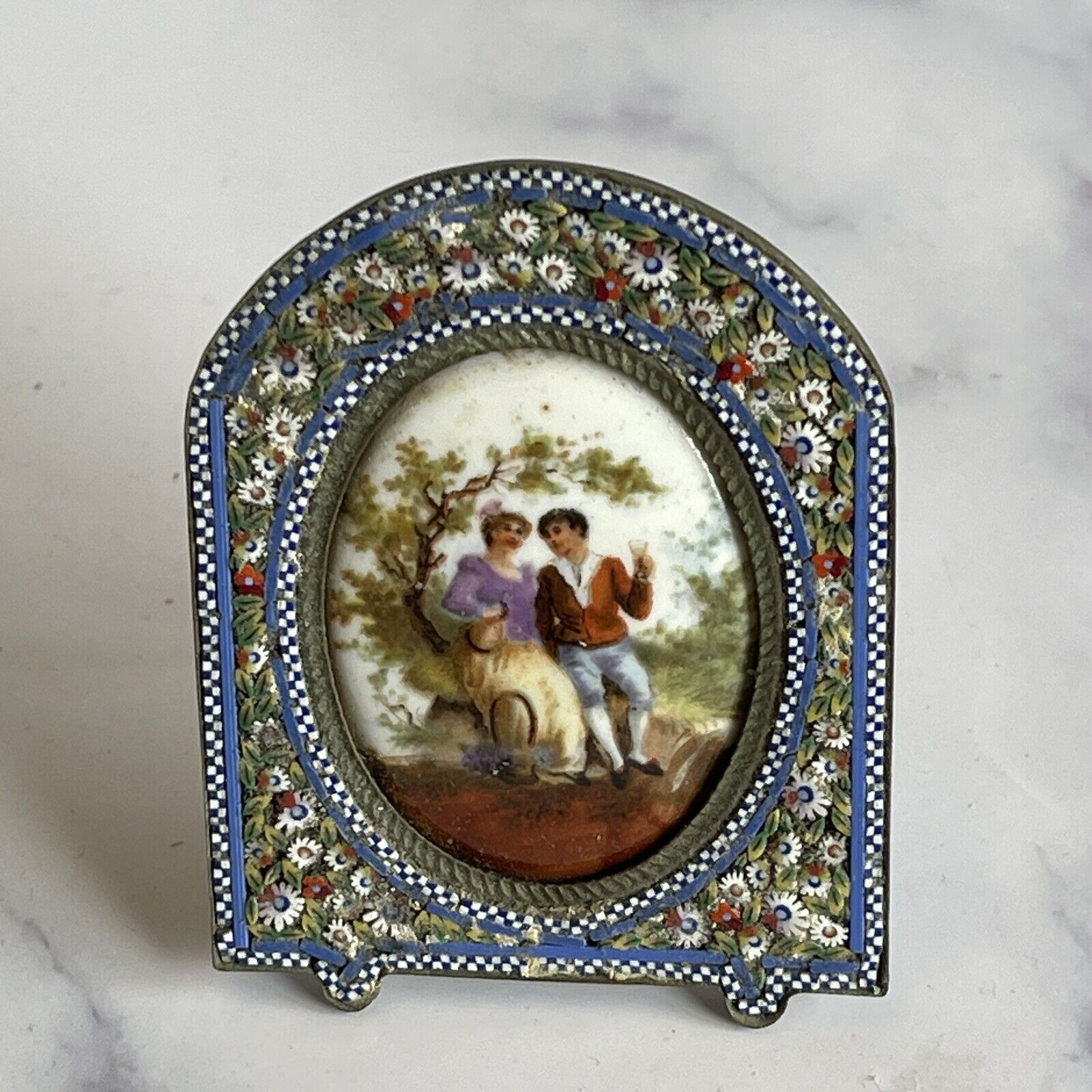 Victorian Miniature ~ Micromosiac Frame With Handpainted Porcelain Image Italy