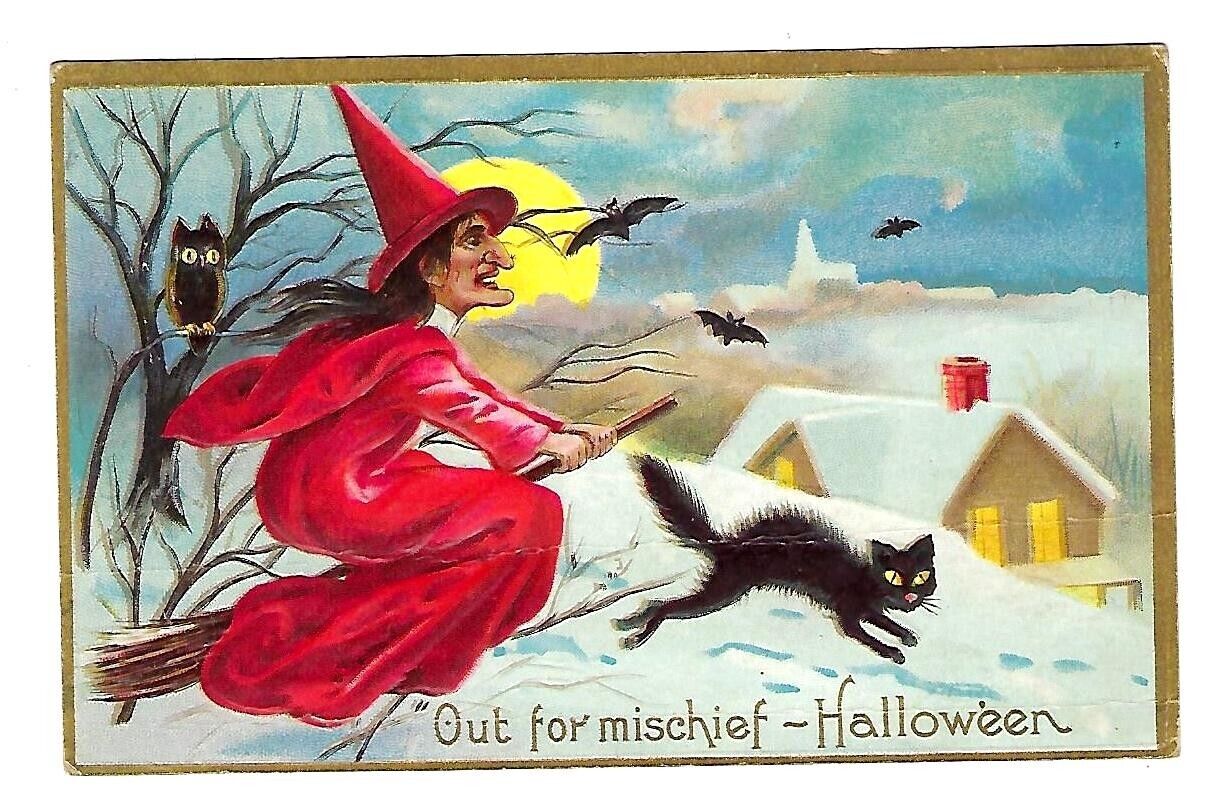 c1910 Halloween Postcard Witch Flying a Broom Black Cat & Bats