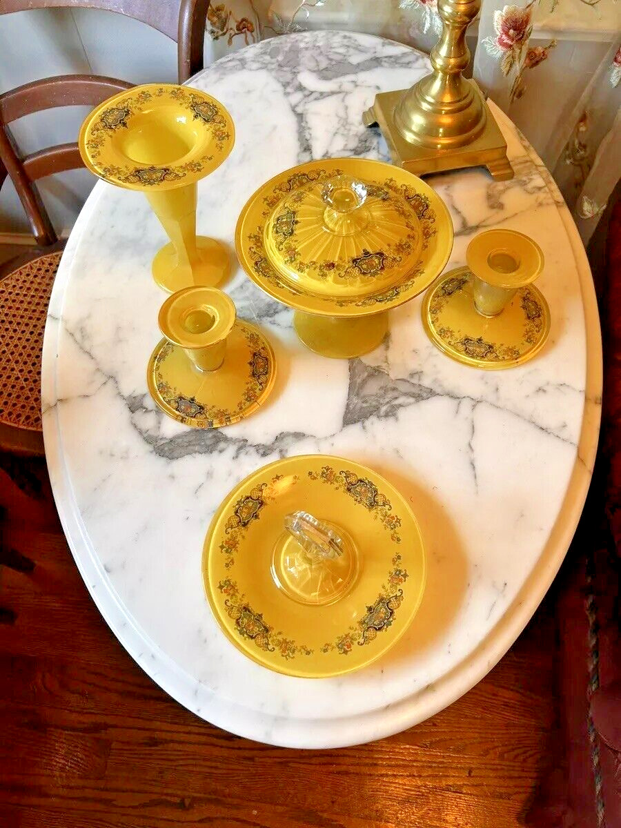 Vintage 1920-30s Regency Yellow 6pc Glass Vanity Buffet  Vase Cake Candlesticks