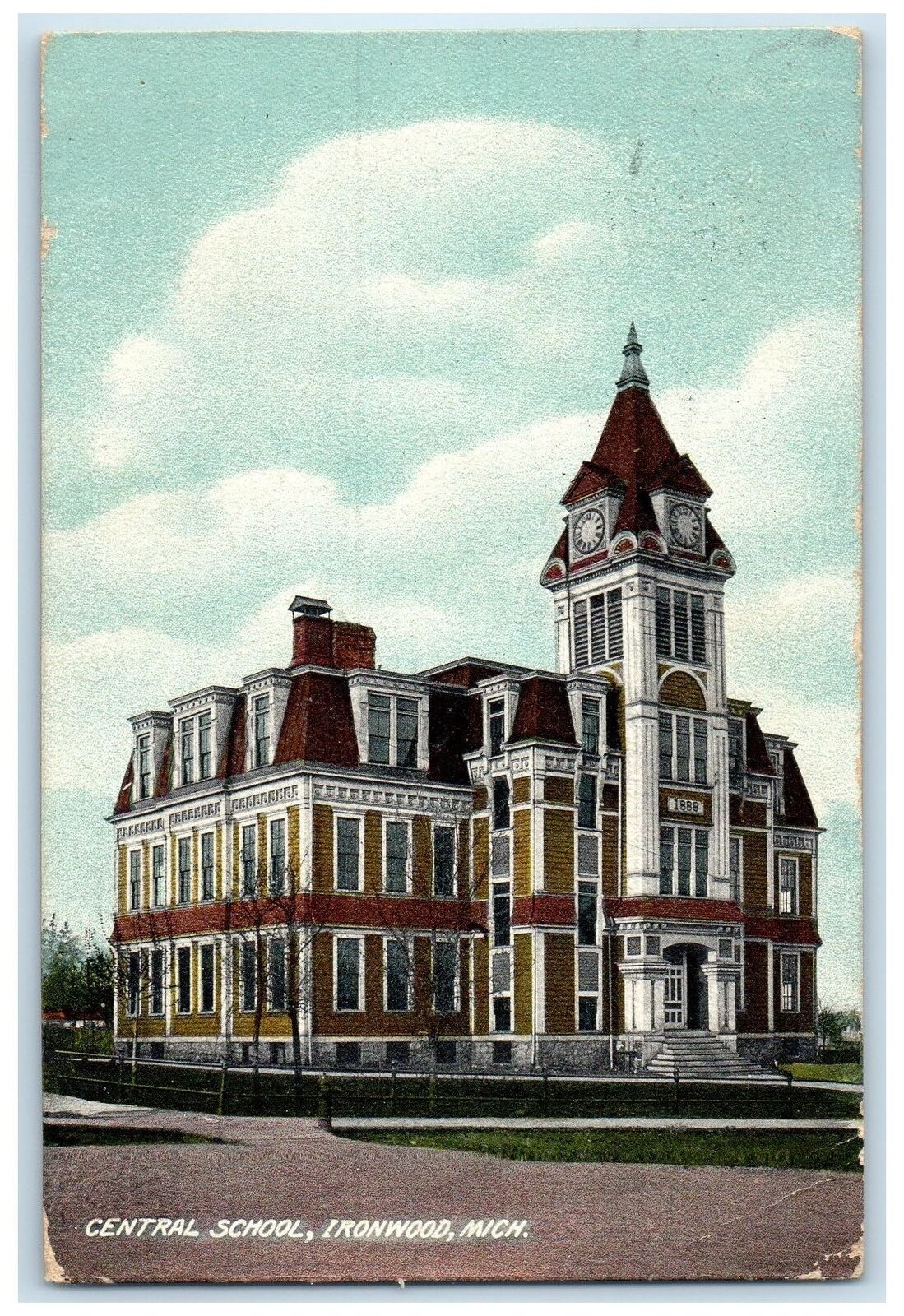 1909 Central School campus Building Clock Tower Ironwood Michigan MI Postcard
