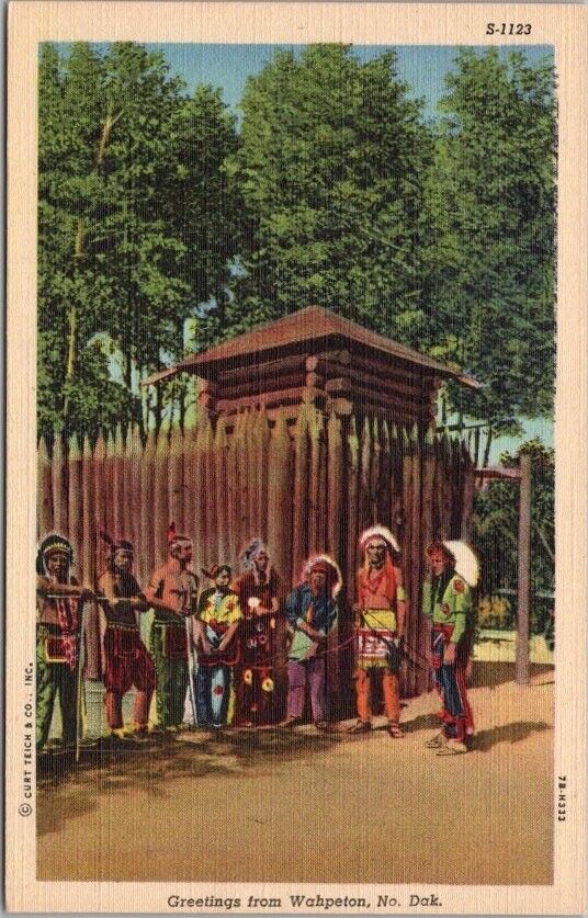 WAHPETON, North Dakota Postcard Indian Men at Fort / Curteich Linen c1947 Unused