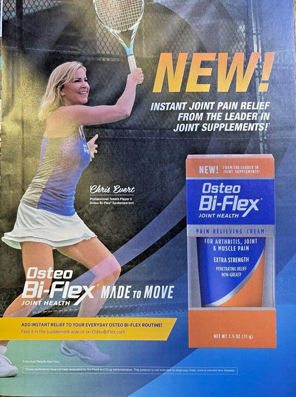 2018 Magazine Advertisement Tennis Star Chris Evert Osteo Bi-Flex
