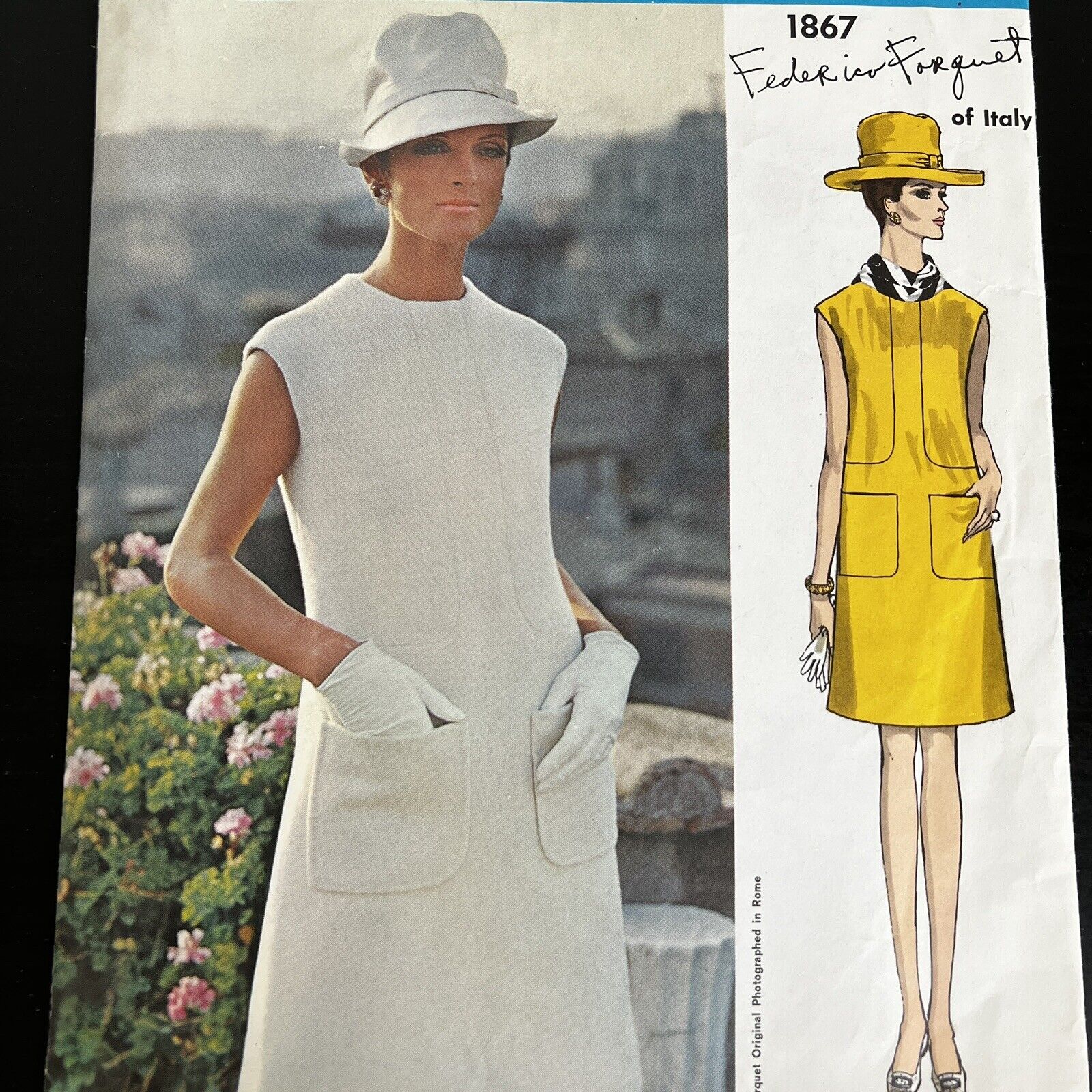 Vintage 1960s Vogue 1867 Federico Forquet Mod Seamed Dress Sewing Pattern 16 CUT