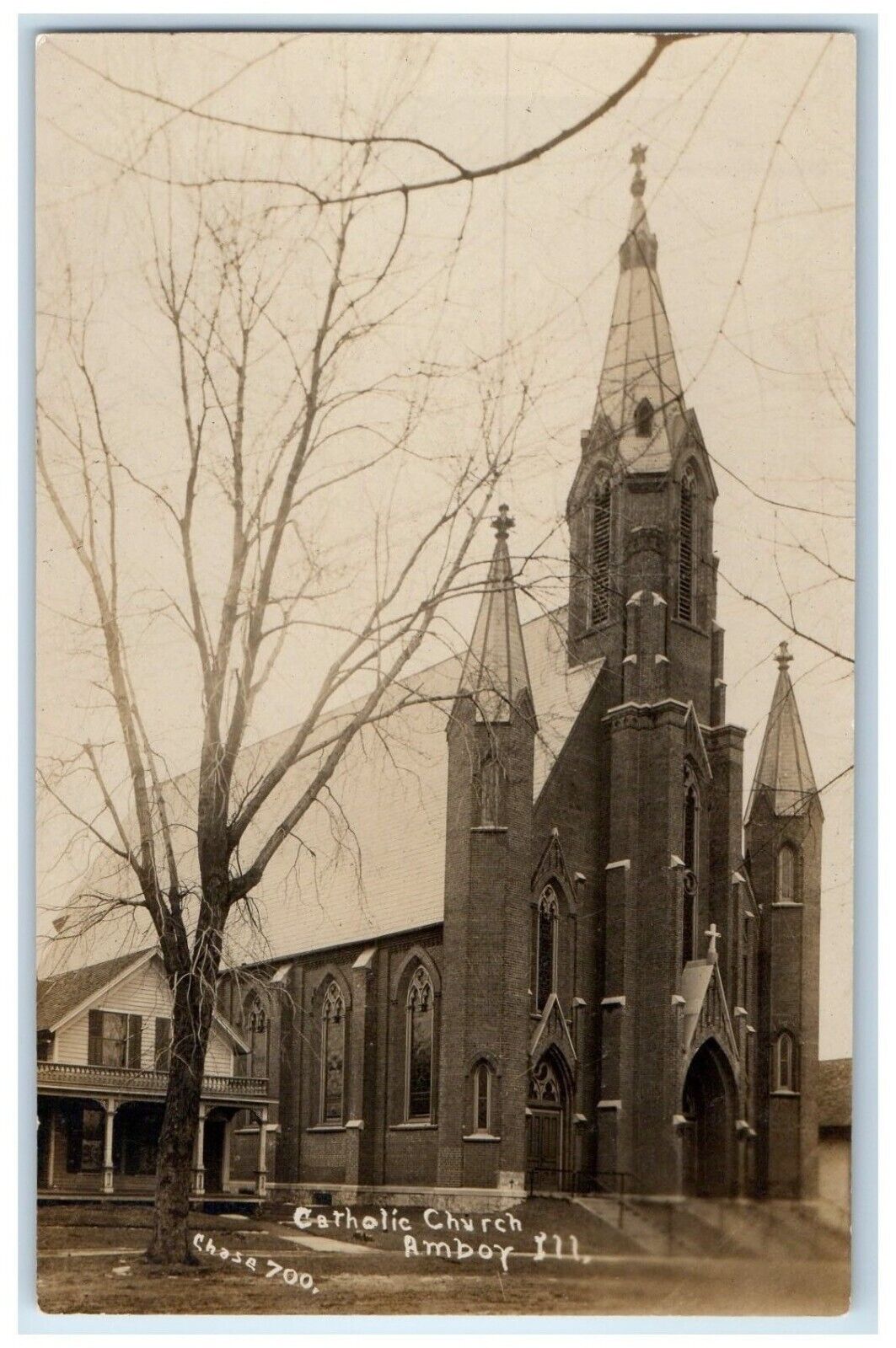 c1910's Catholic Church Scene Street Amboy Illinois IL RPPC Photo Postcard