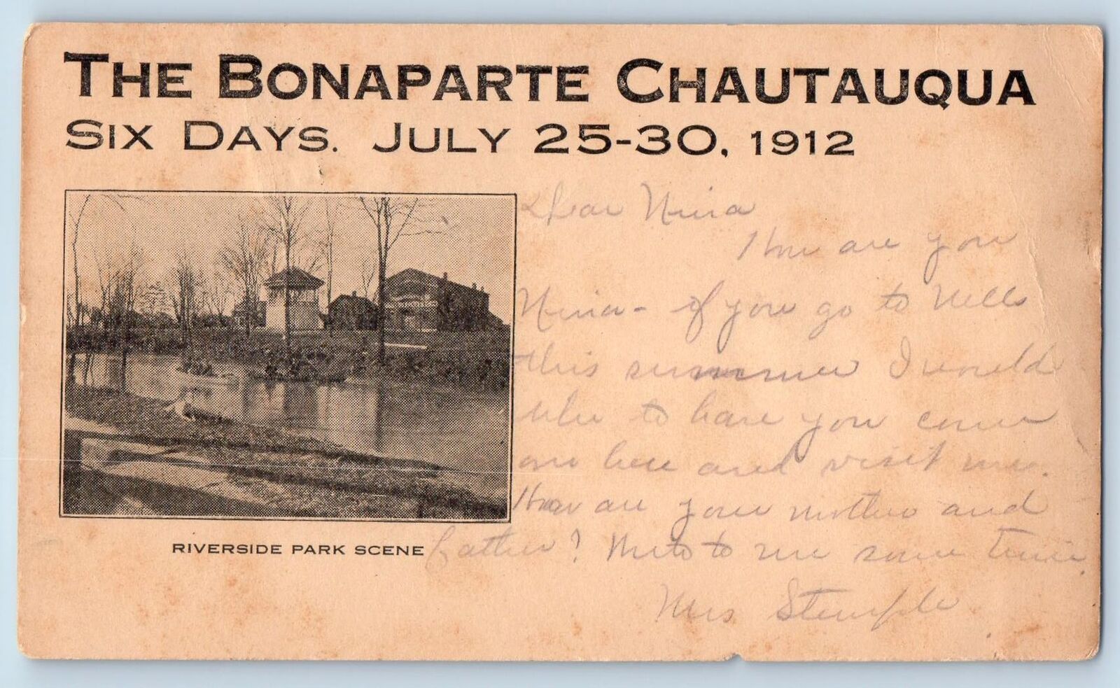 Bonaparte Iowa Postcard Riverside Park Scene Bonaparte Chautauqua 1912 Antique
