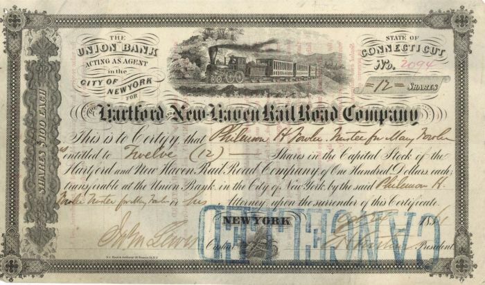 Hartford and New Haven Rail Road Co. - 1872 dated Railway Stock Certificate - Ra