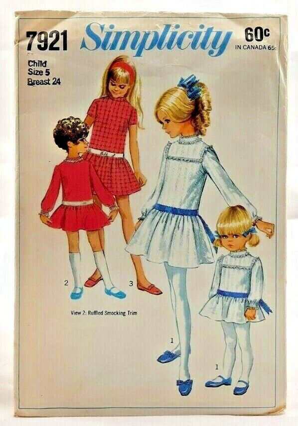 1968 Simplicity Sewing Pattern 7921 Girls Dresses 3 Styles Size 5 Vintage 7583