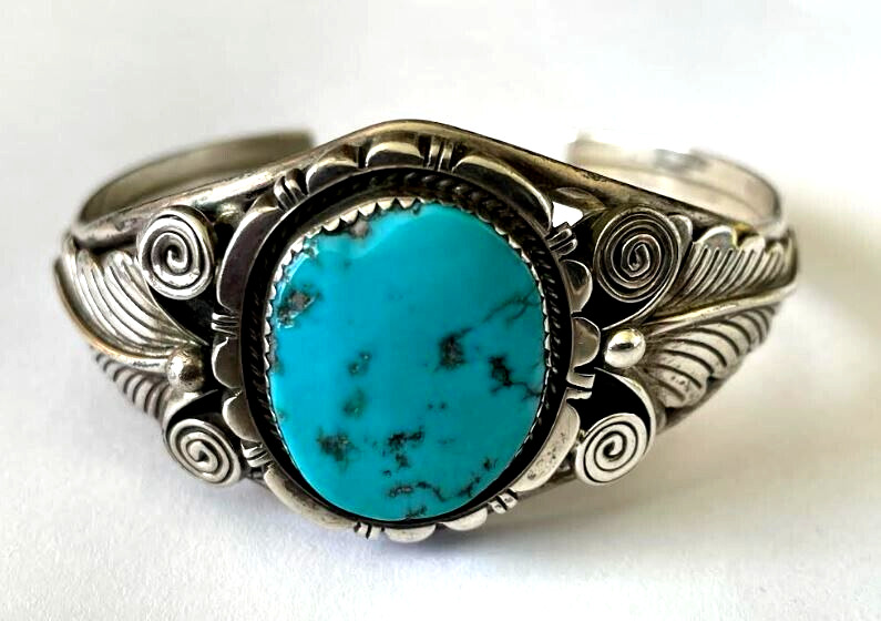 Charlie John Navajo Silver Cuff with Large Round Turquoise in Feather Setting