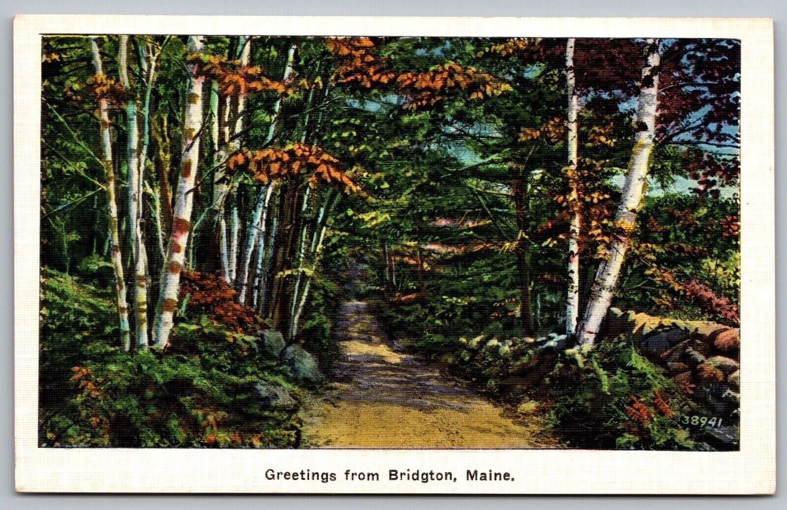Greetings Bridgton Maine Country Road Fall Forest Linen Vintage ME UNP Postcard