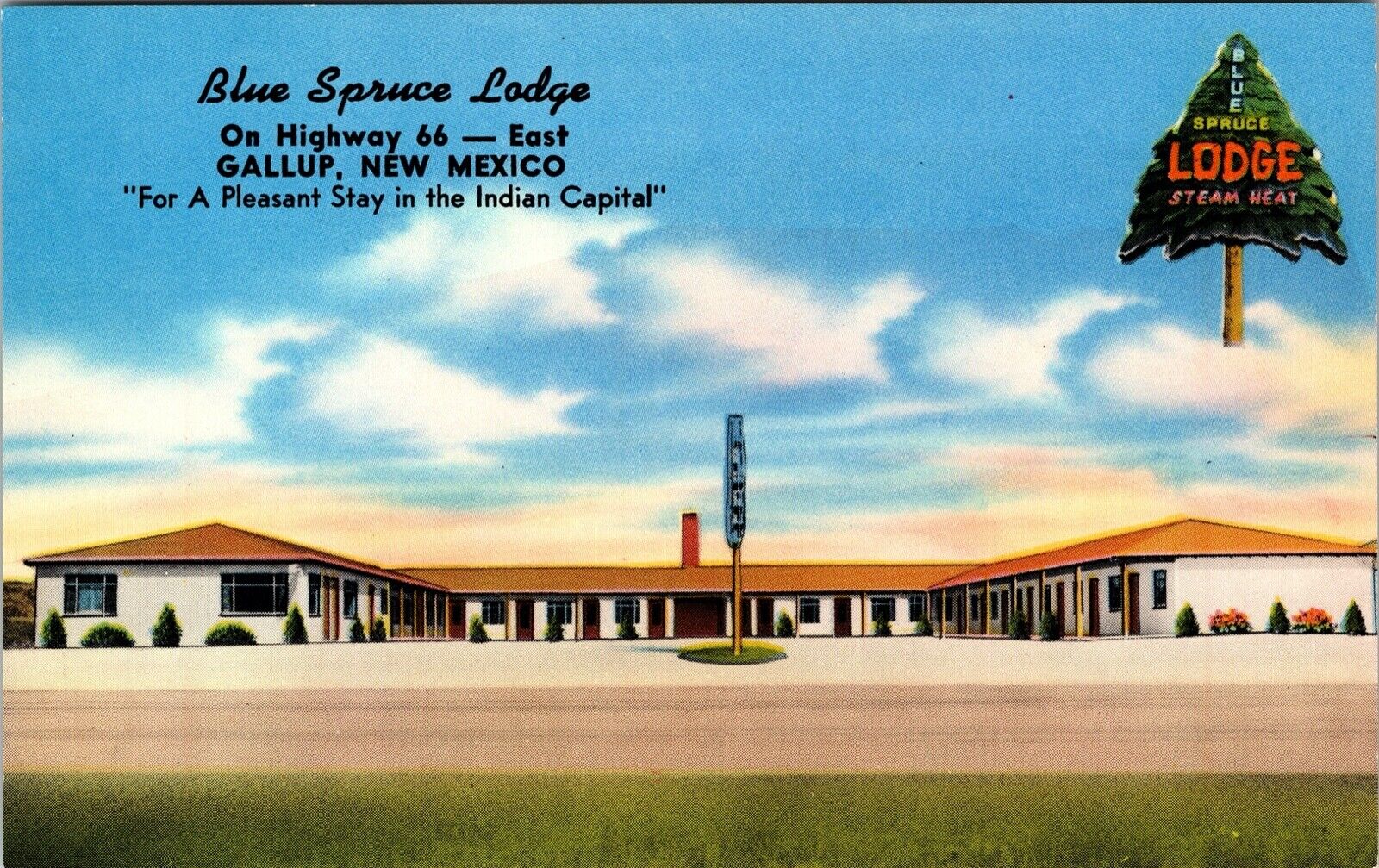 1956 Hwy Route 66 Blue Spruce Lodge Gallup NM Roadside Motel Postcard New Mexico