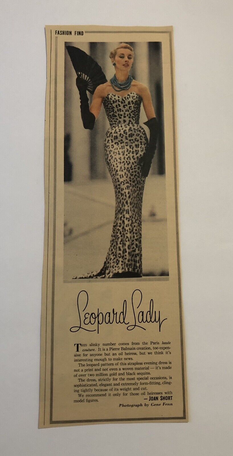 1940’s Women’s Fashion Dress Leopard Lady Pierre Balmain Magazine Clipping