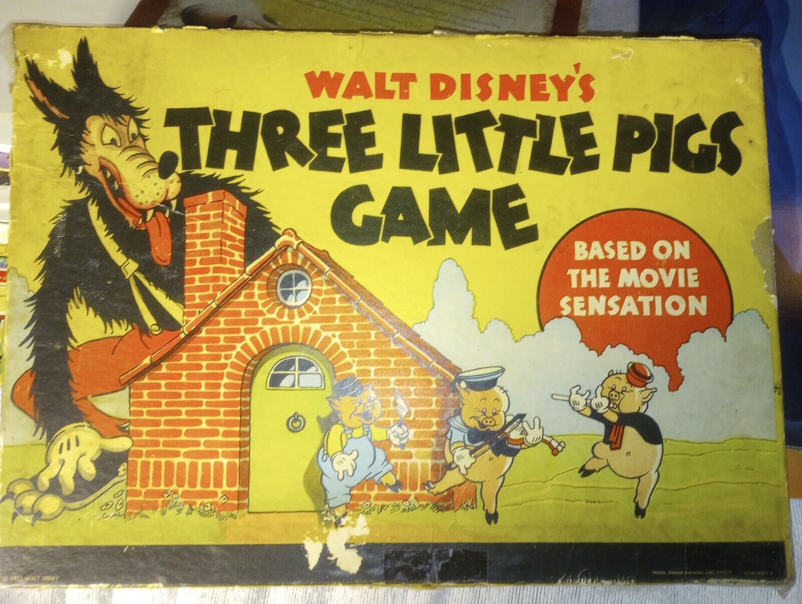 Vintage Rare 1933 Walt Disney\'s Three Little Pigs game W Box Spinner SHOWS AGE