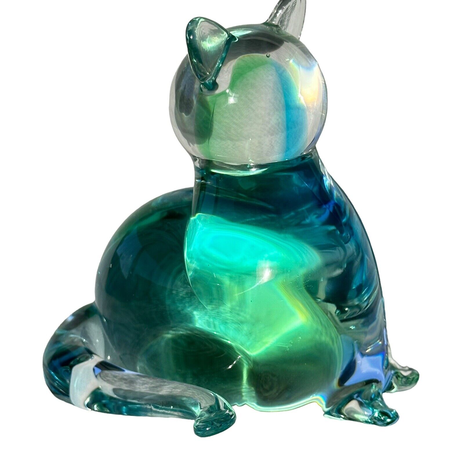 VINTAGE MCM MURANO CAT SOMMERSO GLASS BLUE GREEN FIGURE PAPERWEIGHT CURVED TAIL