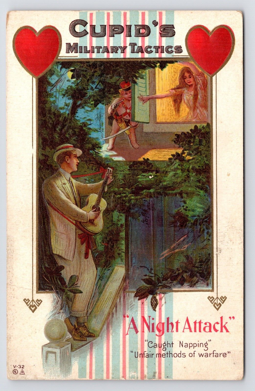 c1908~Cupid\'s Military Tactics~NIGHT ATTACK~Valentine Humor~Antique Art Postcard