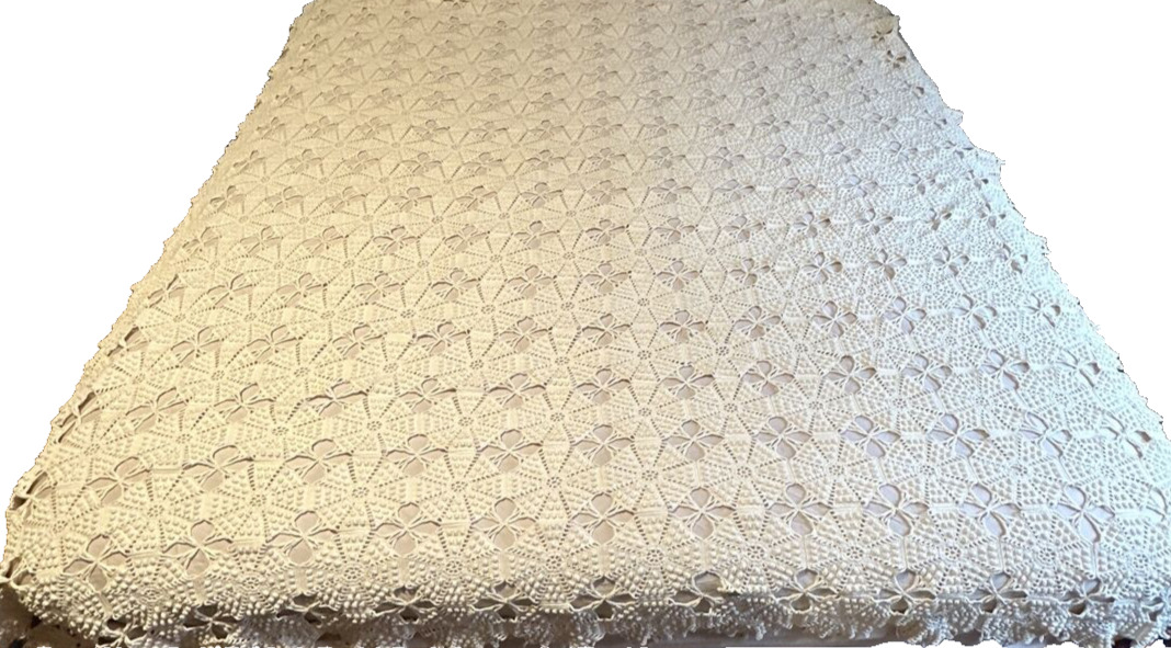 Vintage Handmade Crochet Bed Cover Coverlet F/Q Spread Raised Dot Cream Ivory #2