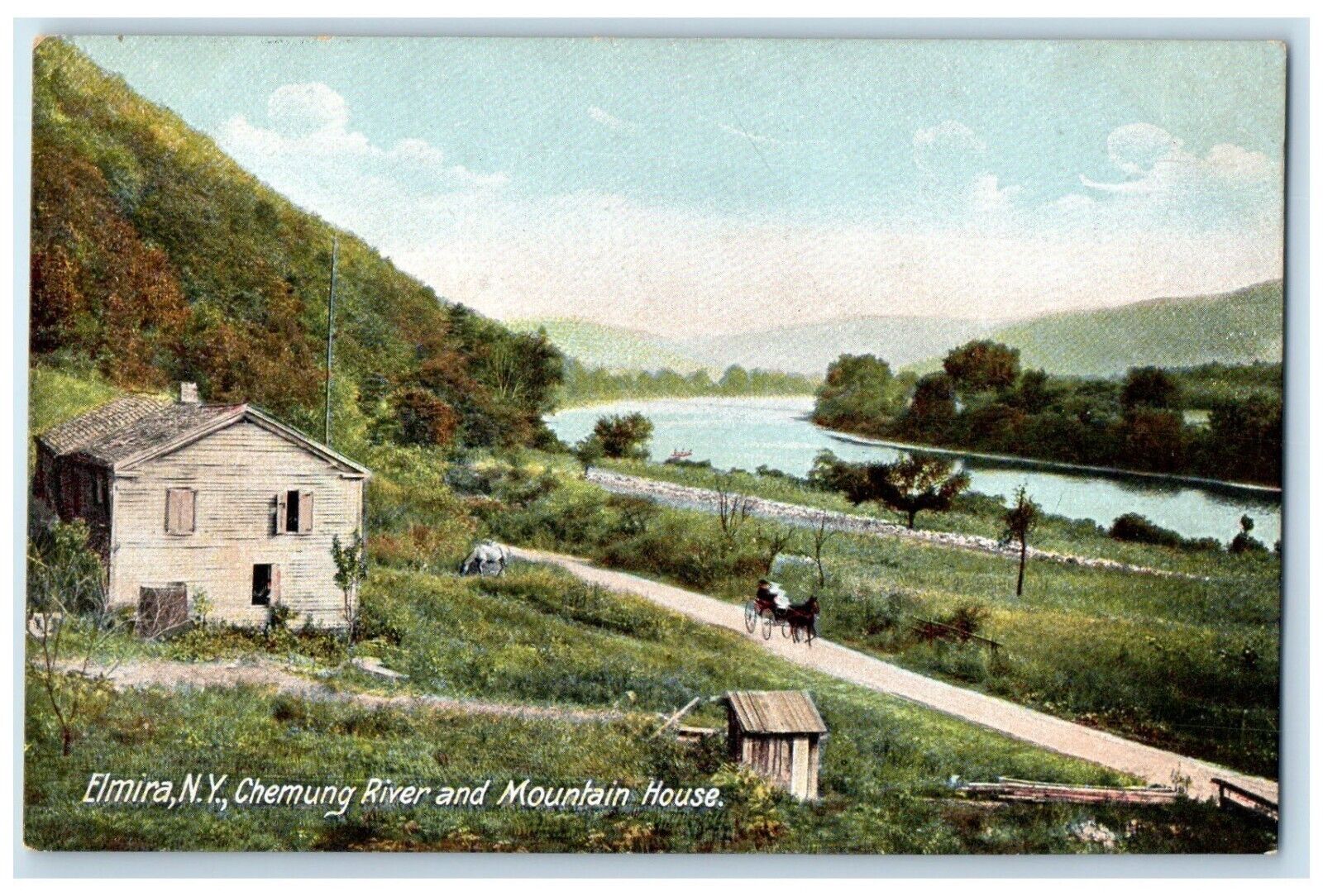 c1910 Chemung River Mountain House Horse Carriage Road Elmira New York Postcard