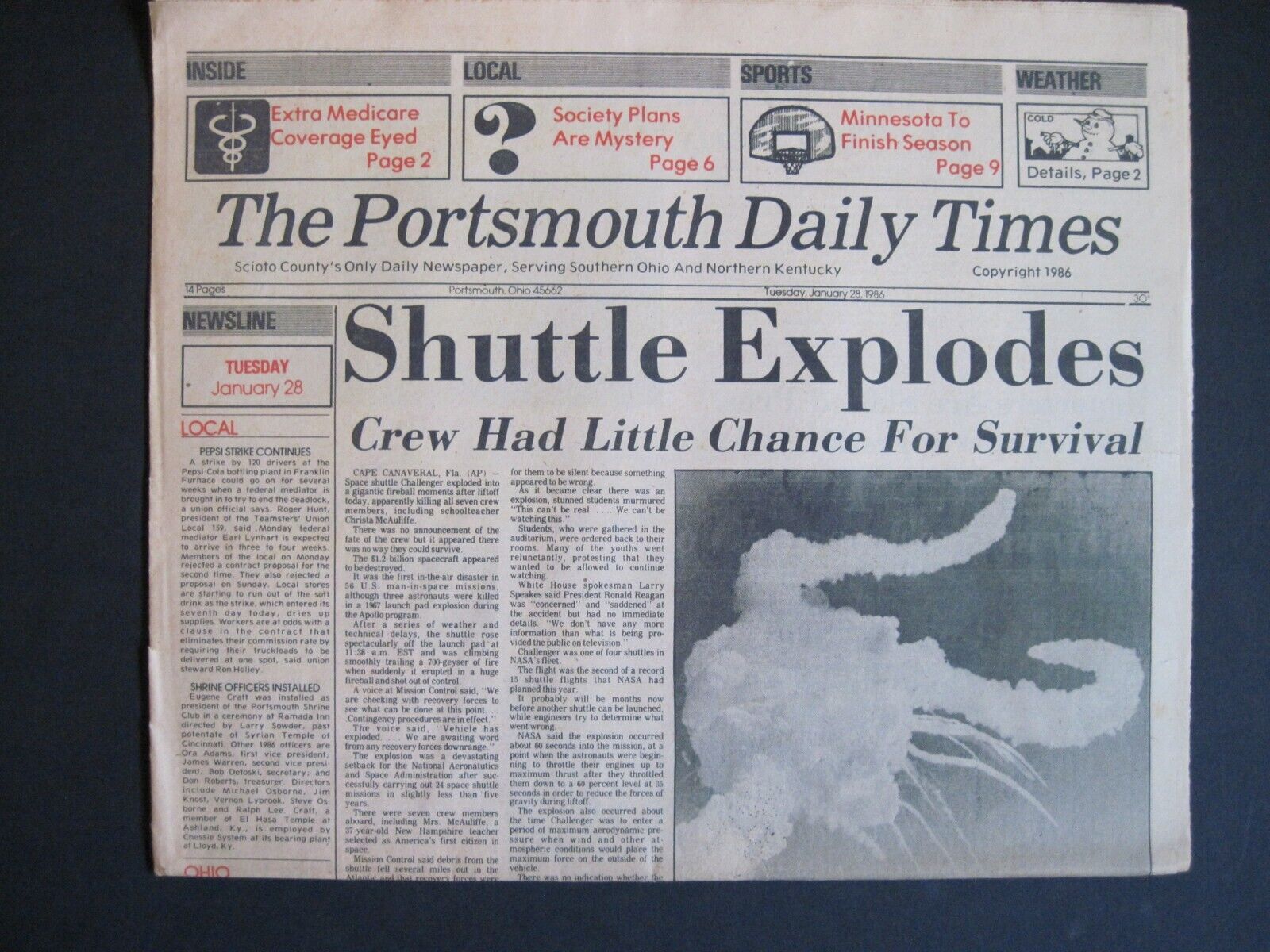 Portsmouth Times Complete Newspaper January 28 1986 Shuttle Challenger Explodes