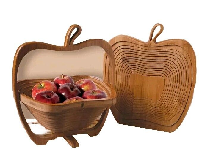 Apple Shaped Folding Collapsible Wooden Trivet Basket Fruit Bowl  