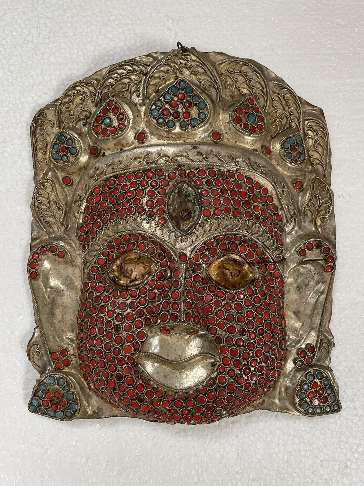 Vintage Nepalese/Tibetan 3-Eyed Handmade Coral & Turquoise Brass Mask