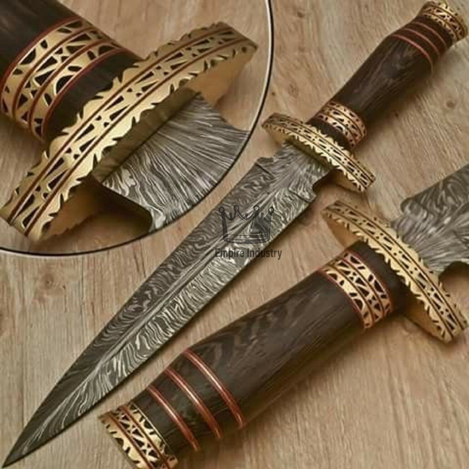 Custom Handmade Damascus Steel Feather Pattern Dagger Fixed Blade Survival Knife