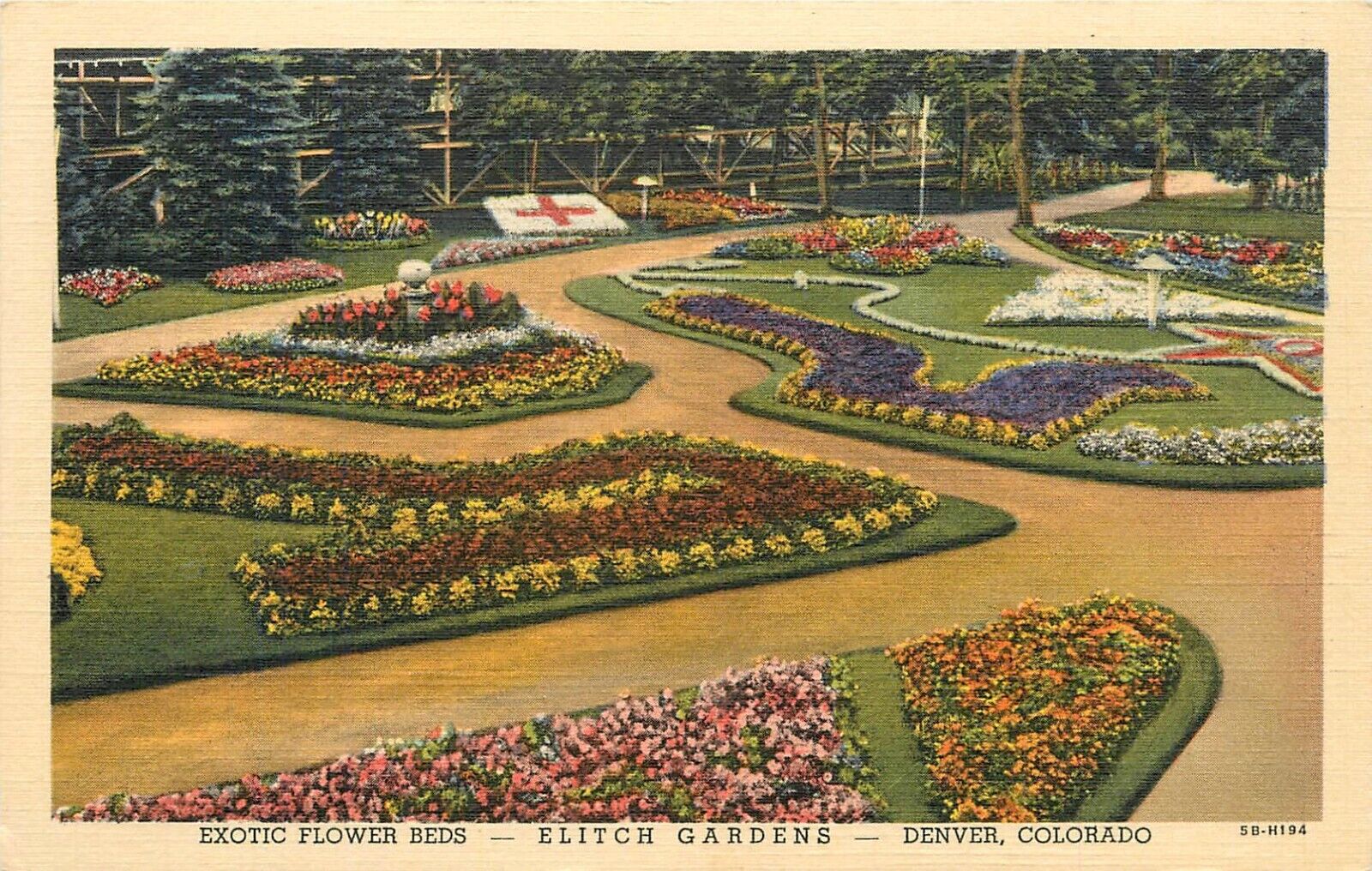 c1940s Elitch Gardens Amusement Park Flower Beds Denver, Colorado Postcard