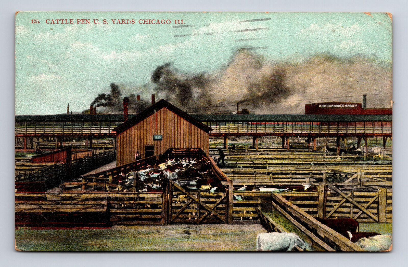 1907 Cattle Pen US Stock Yards Armour & Co Smokestacks Chicago IL Postcard