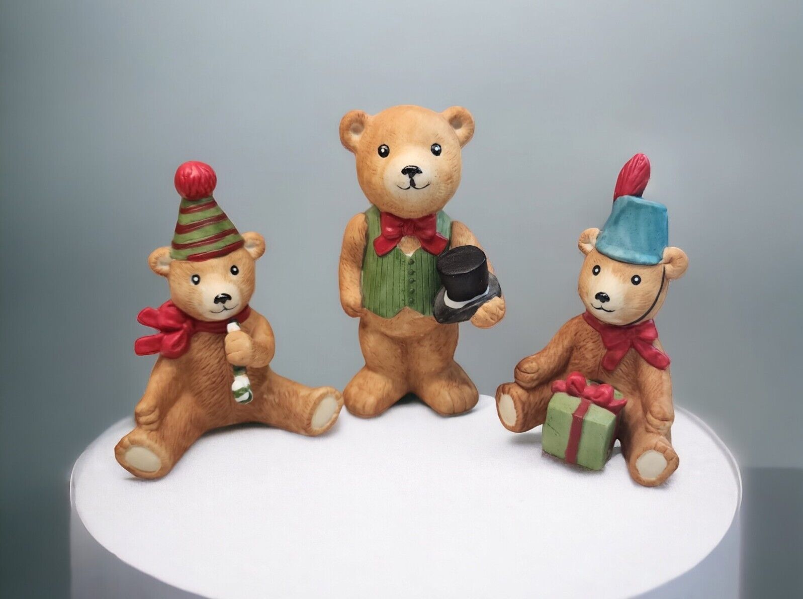 VTG SCHMID GORDON FRAZER Lot of 3  Ceramic Teddy Bear Figurines Present, Top Hat