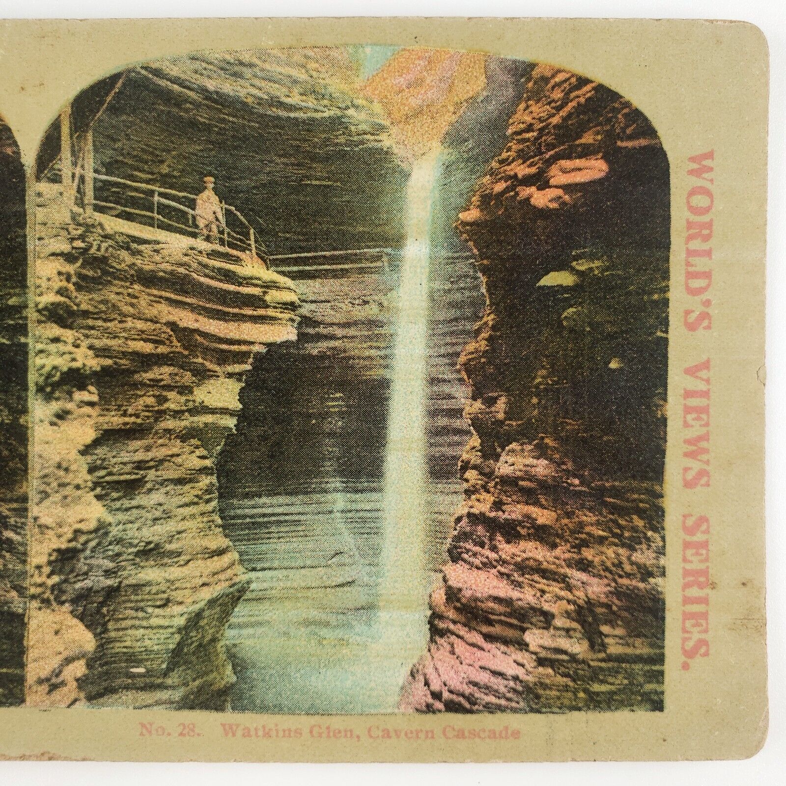 Watkins Glen Cavern Cascade Stereoview c1900 Tinted New York Waterfall Art G1059