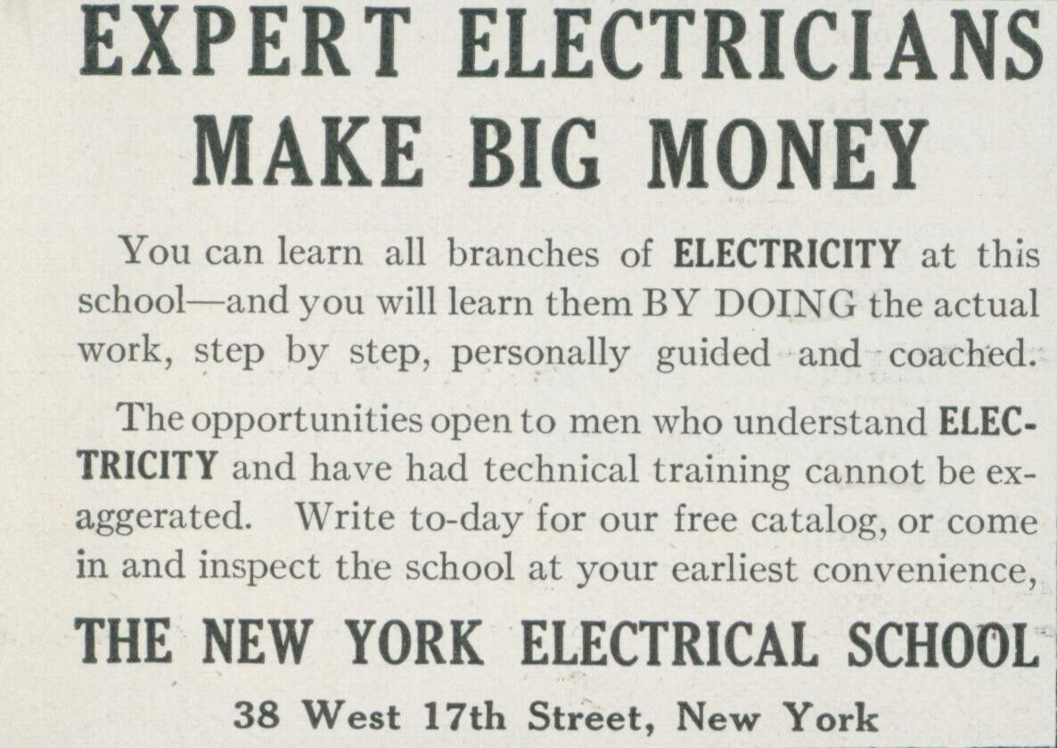 1914 New York Electrical School Expert Electricians Big Money Vtg Print Ad CO3