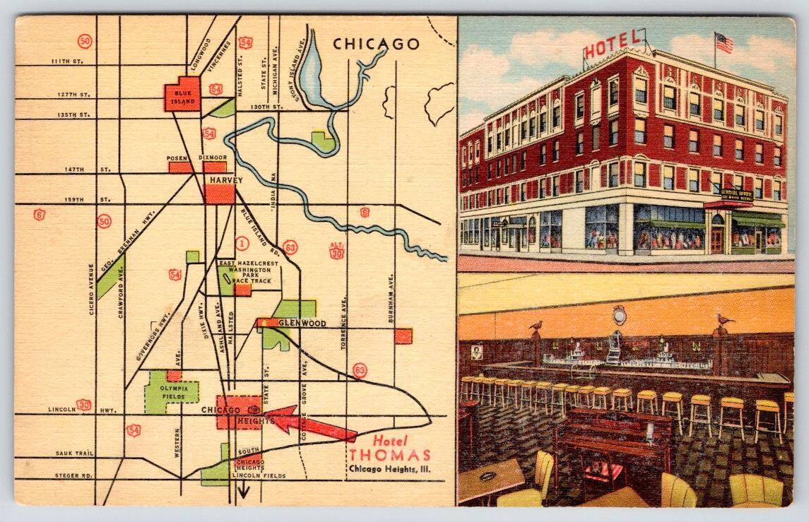 1943 HOTEL THOMAS CHICAGO IL STREET MAP INTERIOR BAR LINCOLN & DIXIE HWYS MEET