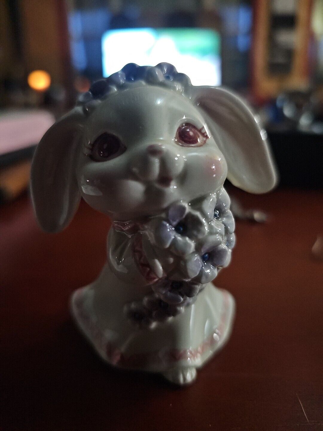 Vintage Lefton Bunny with Purple Flowers 1989 Japan Signed