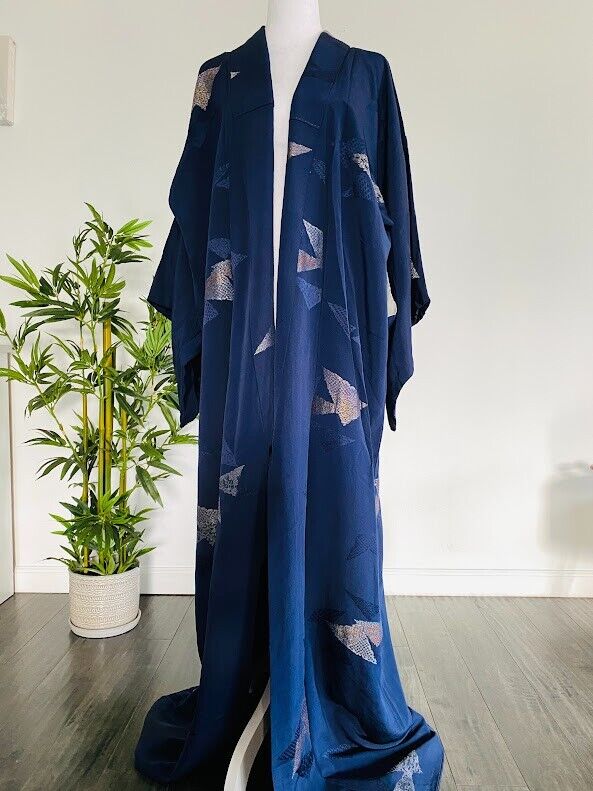 Blue Dusk Embroidered LONG WIDE Vintage Silk Japanese Kimono Robe Evening Dress