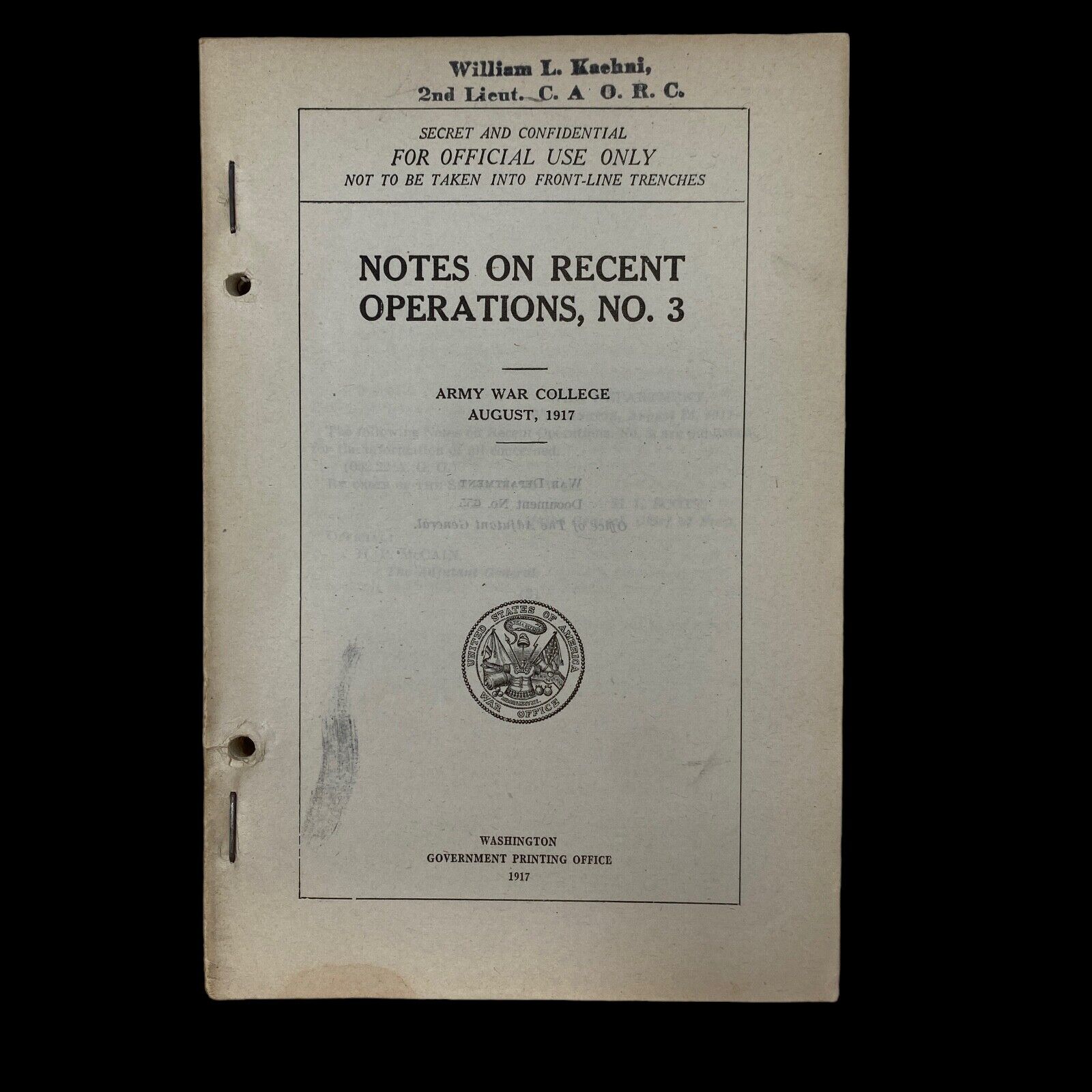 RARE WWI 1917 SECRET 2nd Lt. Kaehni AEF 252 Page Battle Intelligence Report