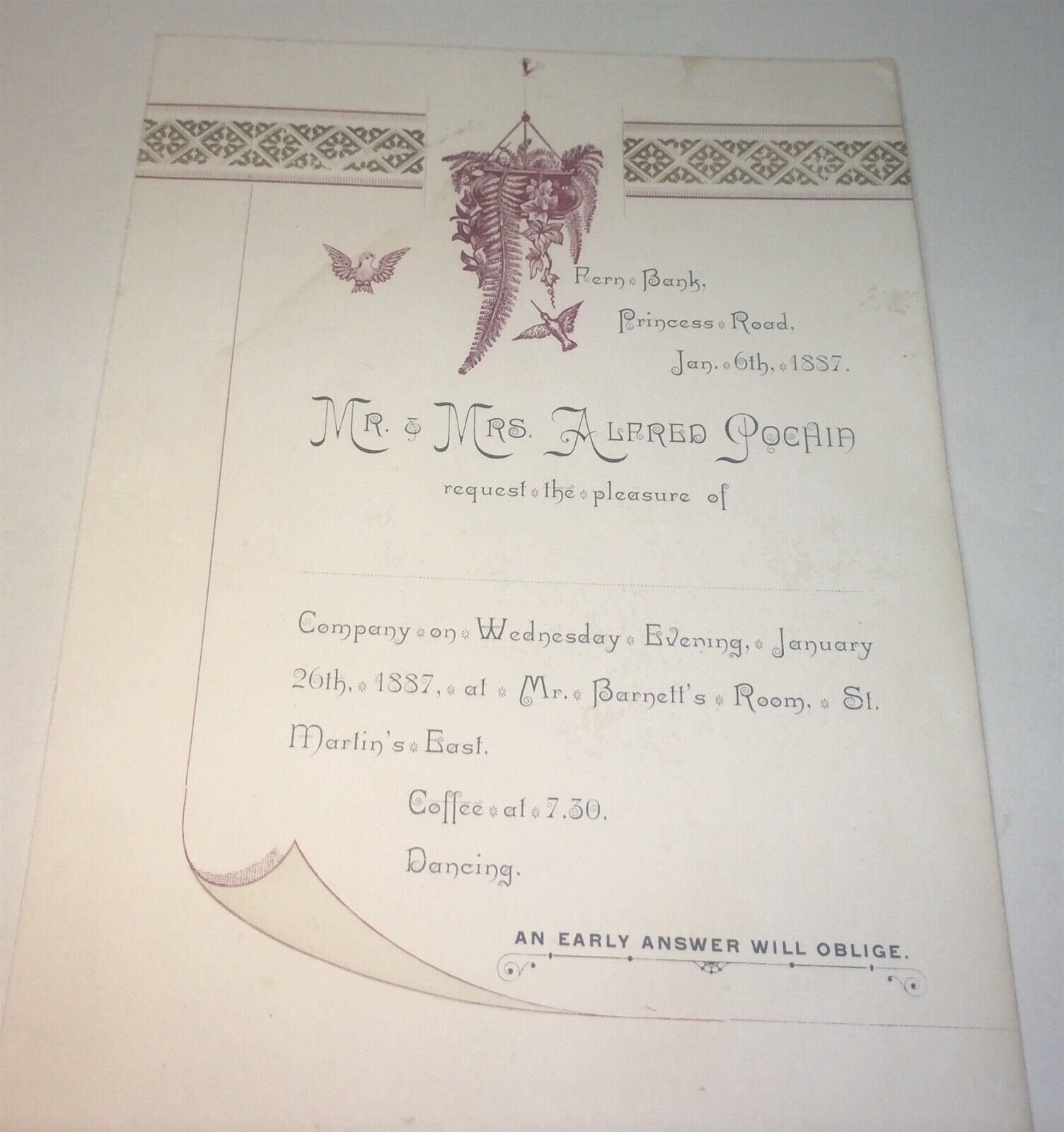 Rare Antique American Part / Dance Invitation of Mr & Mrs Alfred Pochin C.1887