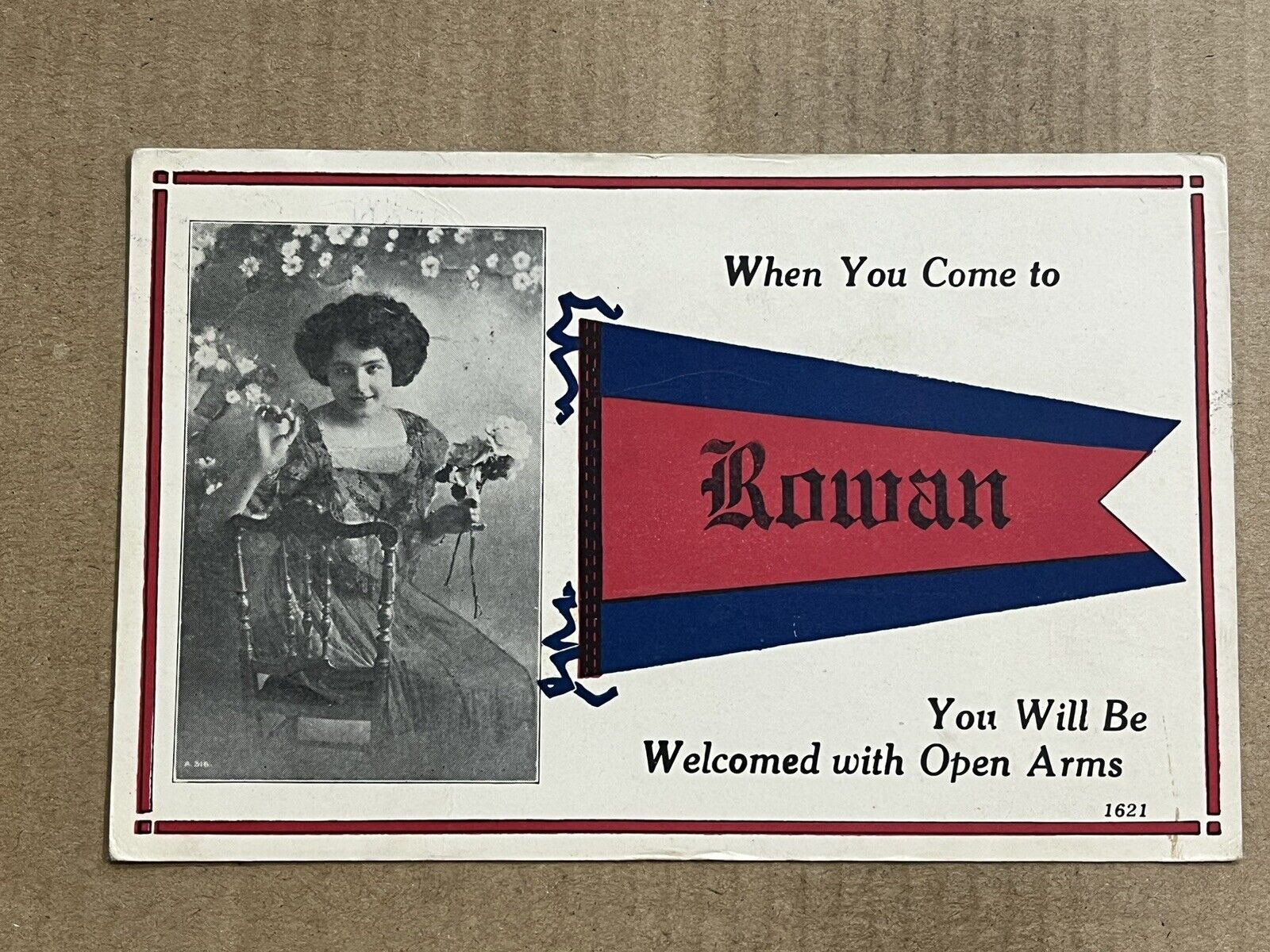 Postcard Rowan IA Iowa Pennant Flag Greetings Vintage PC