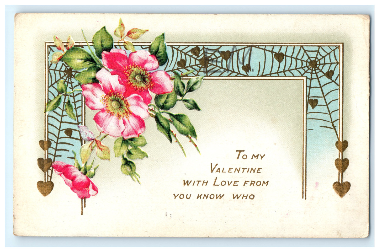 Postcard To My Valentine Embossed Spider Web Hearts Flowers c1917 Whitney Made