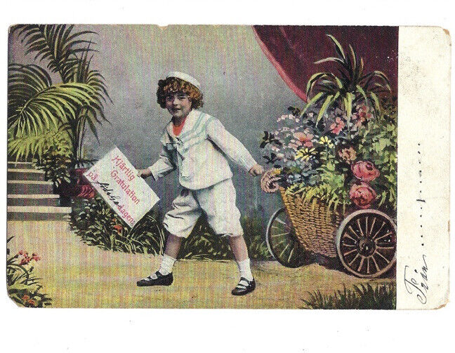 c.1900s Happy Boy Pulling Cart Of Flowers Hjartlig Gratulation Postcard UNPOSTED