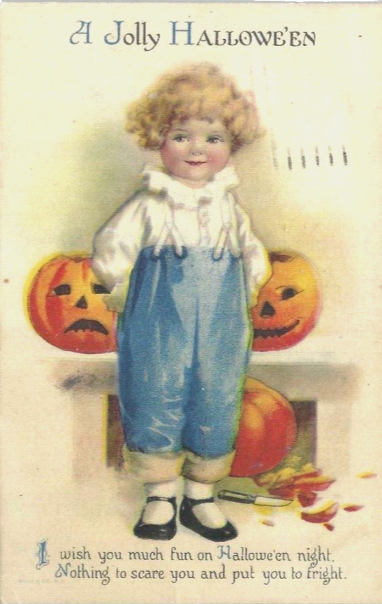 Halloween Postcard Sweet Victorian Boy Carving JOLs c1915 Ellen Clapsaddle
