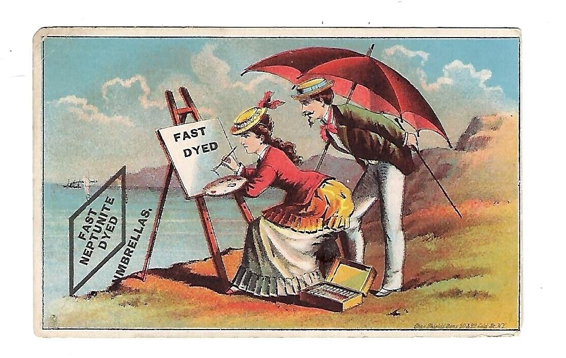 c1890's Stock Trade Card Fast Neptunite Dyed, Umbrellas, Hercules Frame