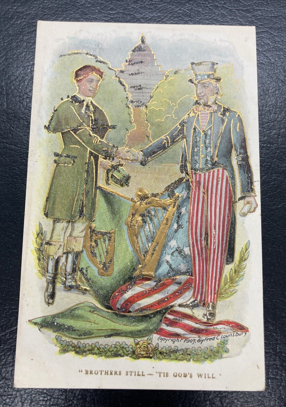 Postcard Patriotic Uncle Sam Shakes Hand of Irishman in Washington DC Glitter
