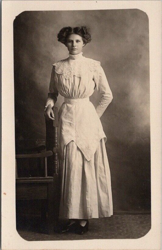 c1910s Studio RPPC Postcard Pretty Lady in White Dress / Unfortunate Hairstyle
