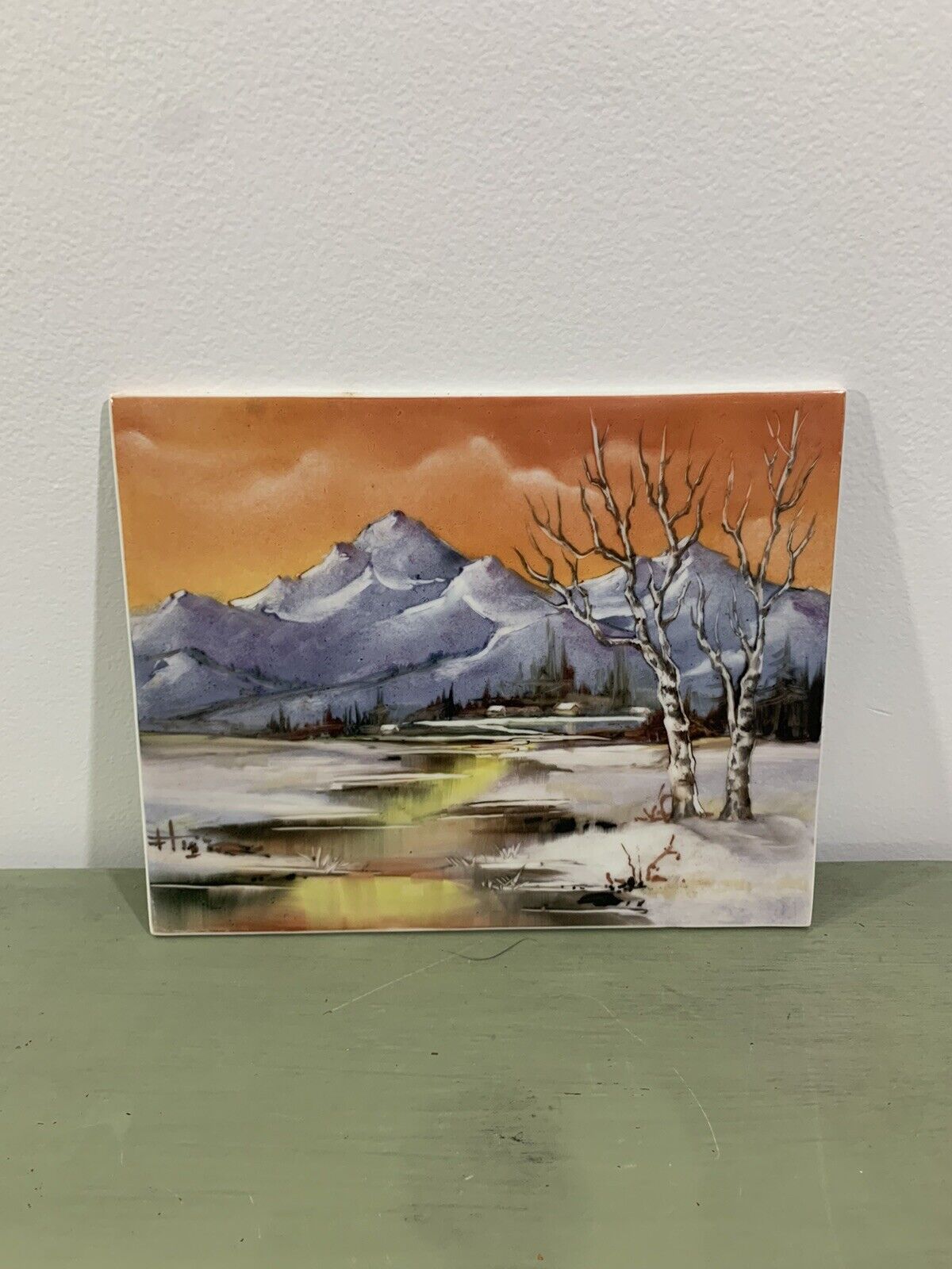 Vintage Painted Tile Mountain Landscape 8x10