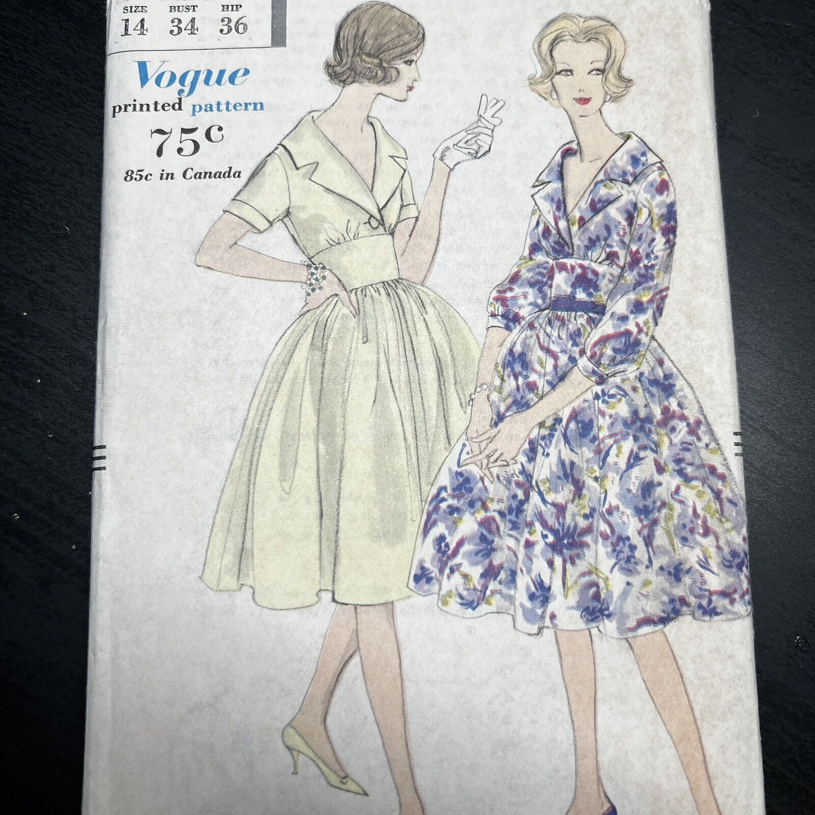 Vintage 1950s Vogue 9696 Full Skirt Shawl Collar Dress Sewing Pattern 14 XS CUT