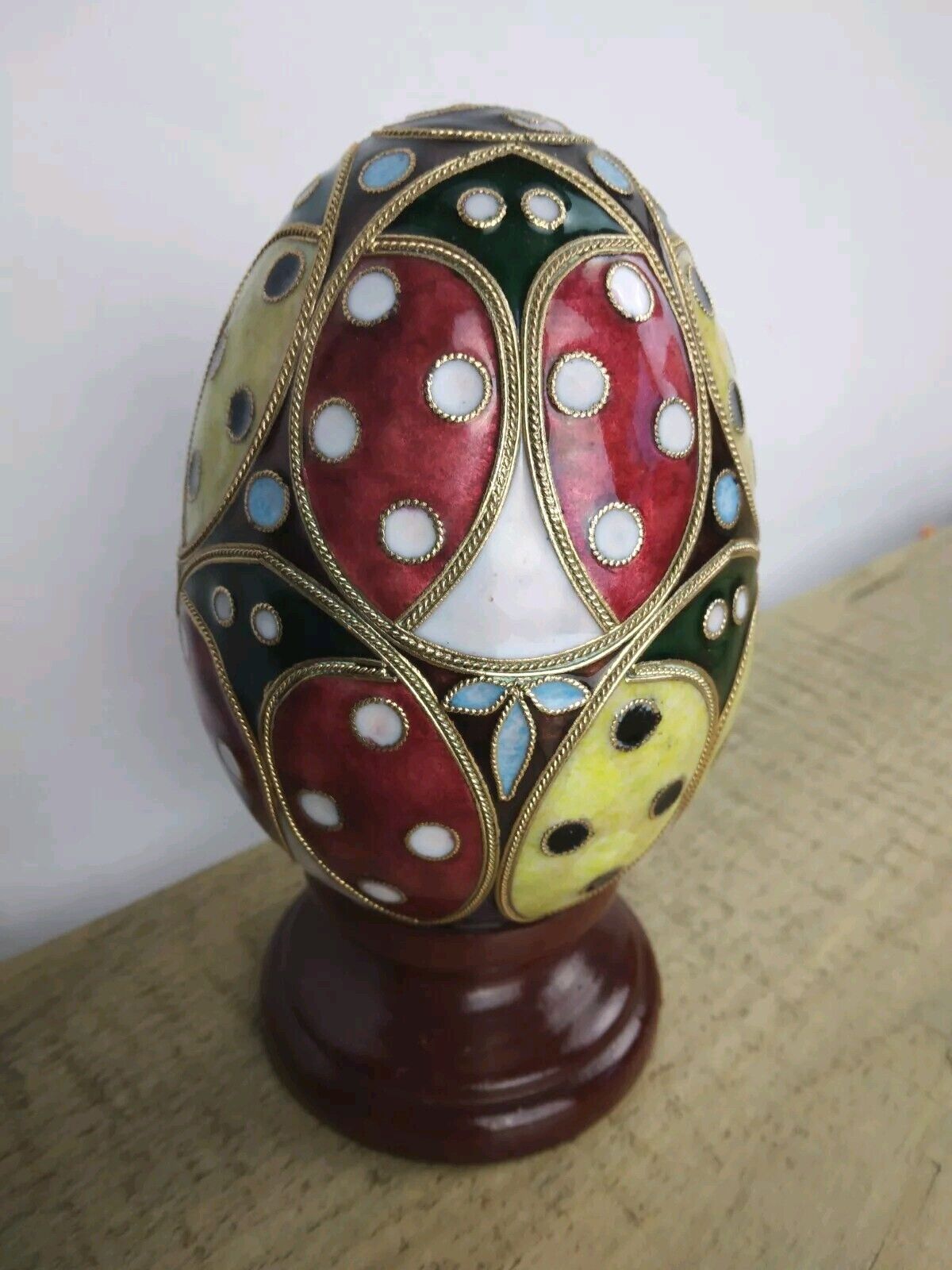 Vintage Beautiful Multi-Color Cloisonné Egg With Wood Stand 5\