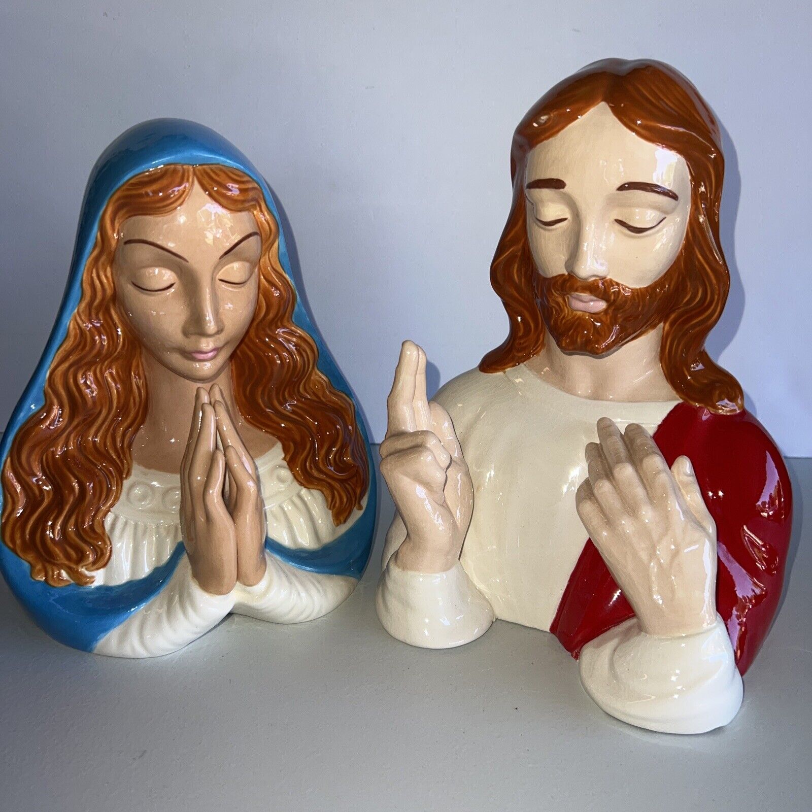 Vintage Pair Of Holland Mold Jesus & Mary Ceramic Bust Rare