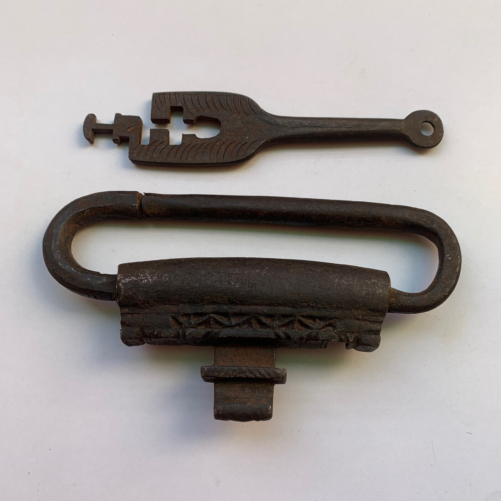 1850\'s Iron padlock or lock key TRICK or PUZZLE BARBED SPRING Old or antique.