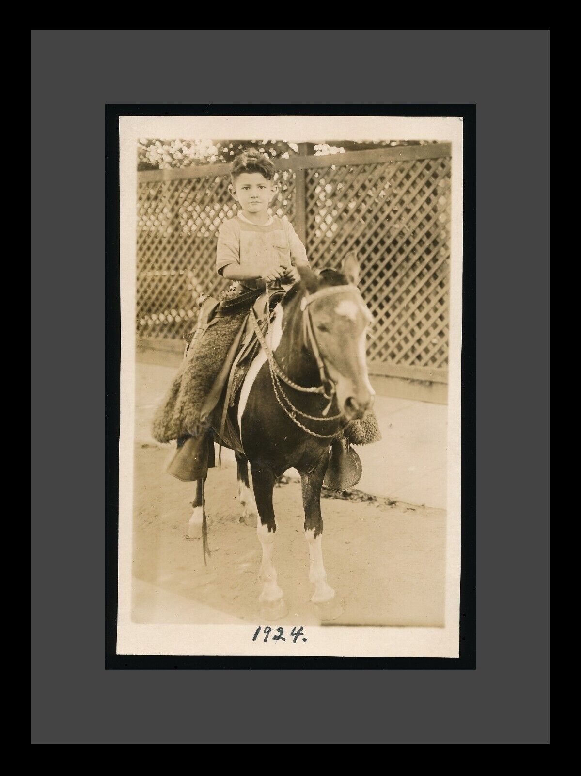 1924 Little Boy Pony Ride Cute Western Cowboy on Horse Vintage Snapshot Photo