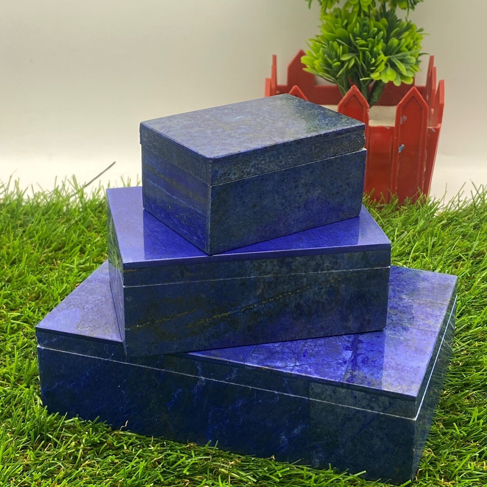 Hand Craved Natural Lapis Lazuli Jewelry Box Set 3pcs Handcrafted Crystal Stone